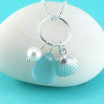 Deep Aqua Sea Glass Pendant with Charm and Pearl