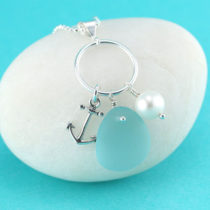 Aqua Sea Glass Pendant with Pearl and Anchor