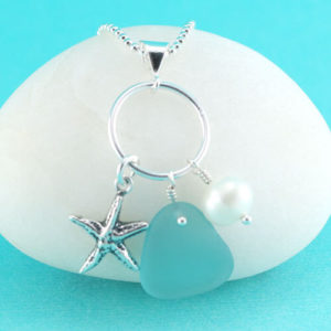 Aqua Sea Glass Pendant with Pearl and Starfish