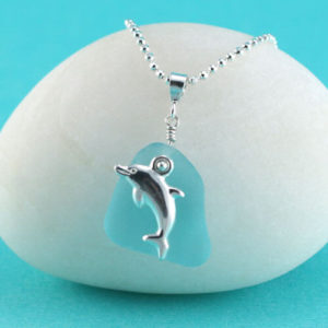 Deep Aqua Sea Glass Pendant with Dolphin Charm