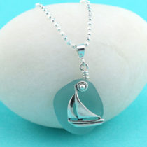 Aqua Sea Glass Pendant with Sailboat Charm