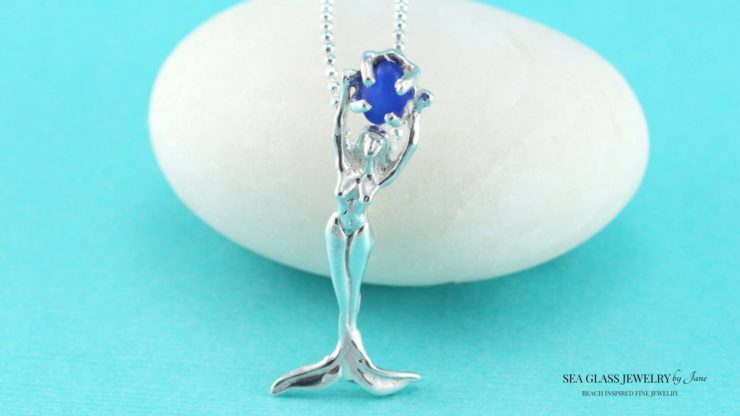 Sterling Silver Mermaid Pendant with Cobalt Blue Sea Glass
