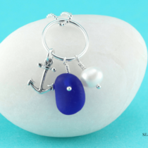 Cobalt Blue Sea Glass Pendant with Anchor & Pearl Charm