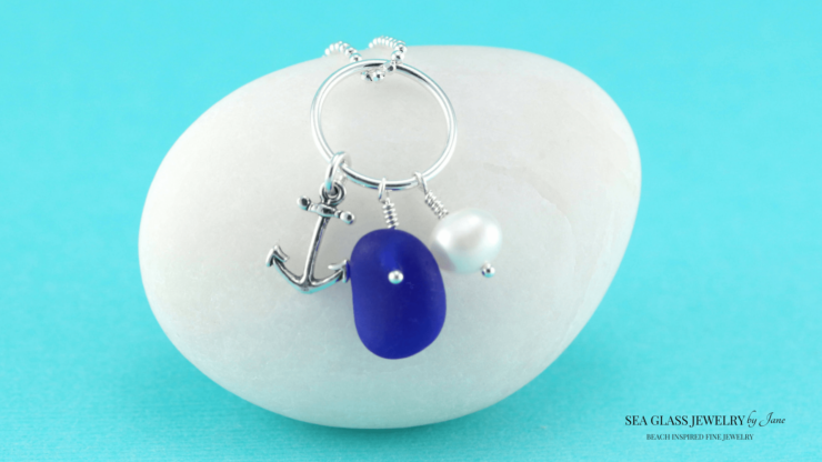 Cobalt Blue Sea Glass Pendant with Anchor & Pearl Charm