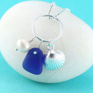 Cobalt Sea Glass Pendant with Pearl and Shell
