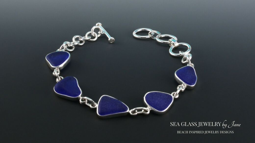 Rich Cobalt Blue Sea Glass Bracelet Sterling Silver Free Shipping