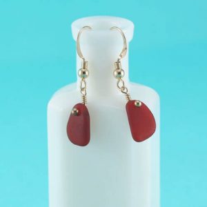 Ruby Red Sea Glass Earrings with Gold