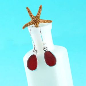 Real Red Sea Glass Earrings Bezel Set