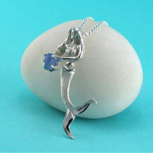 Large Sterling Silver Mermaid Necklace with Cornflower Blue Sea Glass