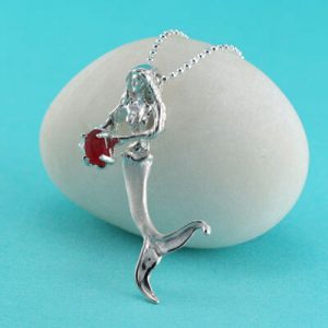 Sterling Silver Mermaid Pendant with Red Sea Glass