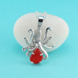 Large Red Sea Glass Octopus Pendant