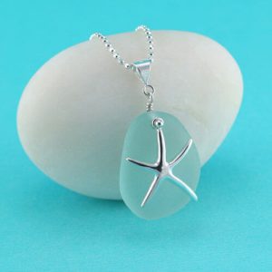Aqua Sea Glass Pendant with Starfish Charm