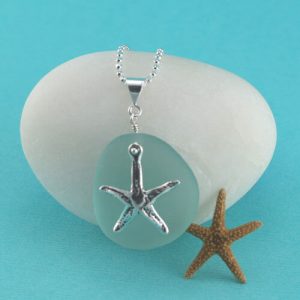 Aqua Sea Glass Pendant with Starfish Charm