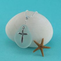 Sea Foam Green Sea Glass Gem with Cross Charm
