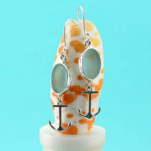Aqua Sea Glass Earrings with Anchors