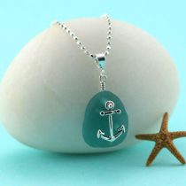 Aqua Teal Sea Glass Pendant with Anchor Charm