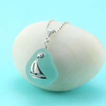 Aqua Sea Glass Pendant with Sailboat Charm