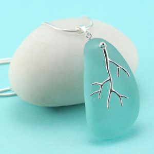 Large Aqua Thick Bottle Bottom Pendant with Coral Branch