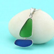 Bright Green and Cobalt Blue Sea Glass Bezel Set Sailboat