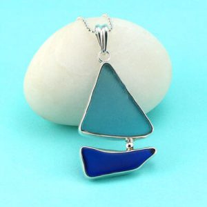Large Aqua and Cobalt Blue Sea Glass Sailboat Pendant
