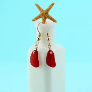 Rare Red Sea Glass Earrings with Gold