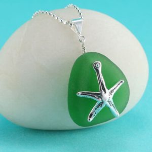 Bright Green Sea Glass Pendant with Starfish Charm