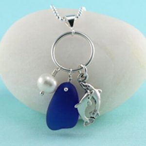 Cobalt Blue Sea Glass Pendant With Dolphin Charm