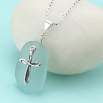 Aqua Sea Glass Pendant with Cross Charm