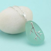 Sea Foam Green Sea Glass Pendant with Coral Branch