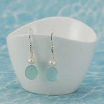 Deep Aqua Sea Glass Earrings with Pearls