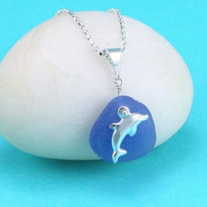 Cornflower Blue Sea Glass Pendant with Dolphin