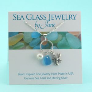 Blue & White Multi Sea Glass with Lobster Charm Pendant