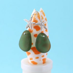 Large Olive Green Sea Glass Starfish Earrings