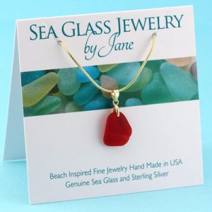 Cherry Red Sea Glass Pendant with Gold