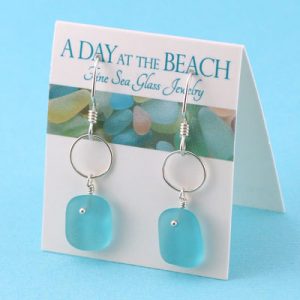 Aqua Sea Glass Earrings with Silver Accent