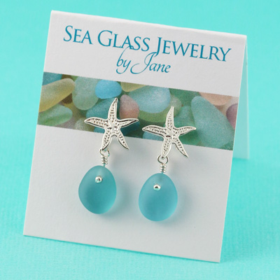 Sea Glass Jewelry Earrings   E807 Japan Teal Sea Glass Earrings With Sea Star Post 