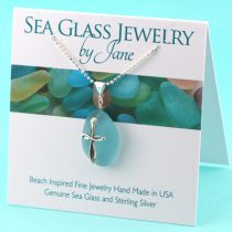Aqua Sea Glass Pendant with Cross