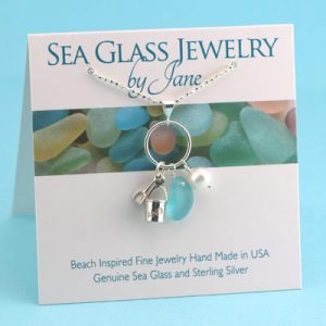 Aqua Sea Glass Necklace with Sand Bucket Charm & Pearl
