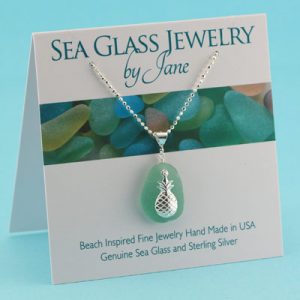 Teal Green Sea Glass Pendant with Pineapple Charm