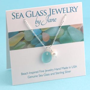 Aqua Sea Glass Pendant with Pearl