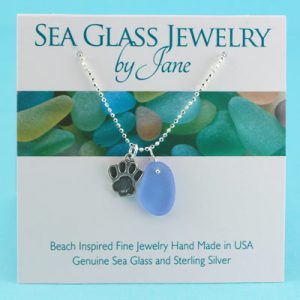 Cornflower Blue Sea Glass Pendant with Dog Paw Charm