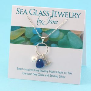 Bright Blue Sea Glass Pendant with Anchor Charm