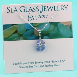 Cornflower Blue Sea Glass Pendant with Dragonfly