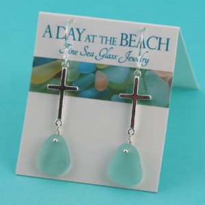 Aqua Sea Glass Earrings with Cross Charm