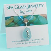 Aqua Sea Glass Pendant with Triple Dolphins