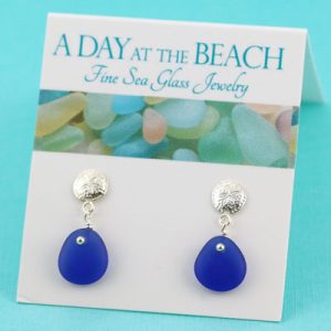 Tiny Cobalt Blue Sea Glass Sand Dollar Earrings
