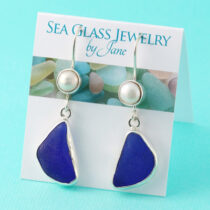 Beautiful Blue Sea Glass Earrings with Pearls