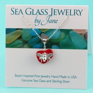 Cherry Red Sea Glass Pendant with Bumblebee Charm