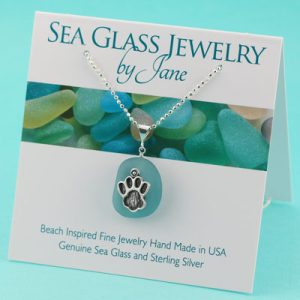 Aqua Sea Glass Pendant with Dog Paw Charm