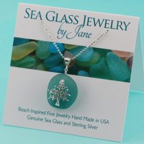 Japan Teal Sea Glass Pendant with Tree of Life